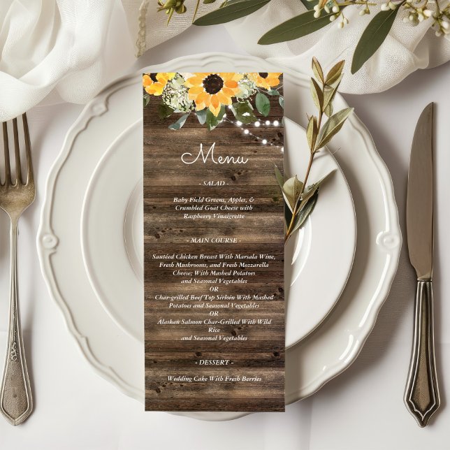 Menú Boda de madera de Eucalyptus Rustic Sunflower (Subido por el creador)