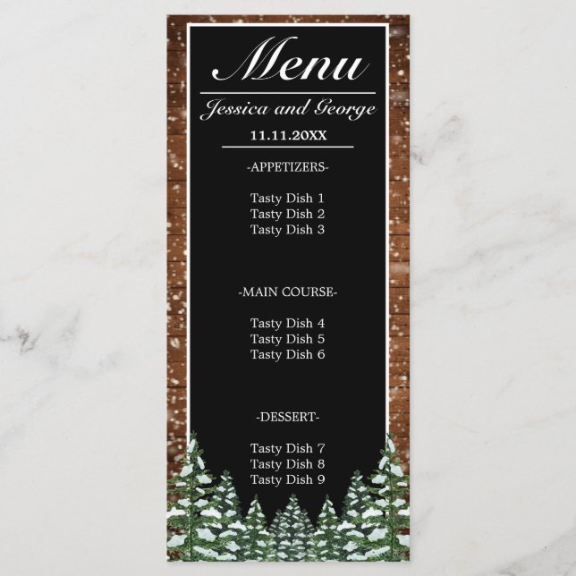 Menú Boda de madera de nieve negra y pino forestal (Anverso)