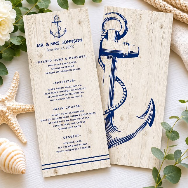 Menú Boda de Madera Rústica Ancla Marina Náutica (Continue your wedding theme with these nautical anchor programs that will complement your wedding.)