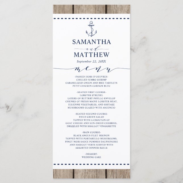 Menú Boda de madera rústica de la Marina Náutica (Anverso)