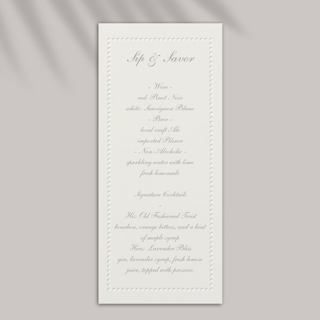 Menú Boda de marco con guijarros Grabado en relieve (formal wedding bar menu traditional faux embossed beaded frame ecru eggshell elegant black tie)