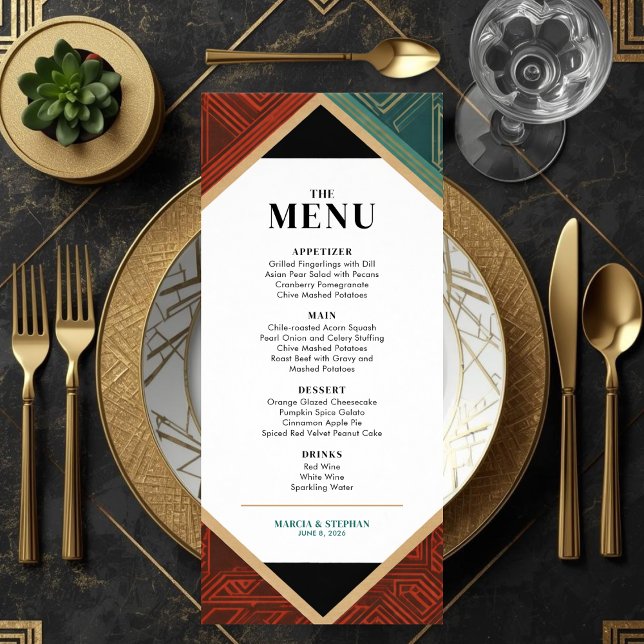 Menú Boda de Marco de Diamante Geométrico Art Deco Mode (Art Deco Style Menu Card)