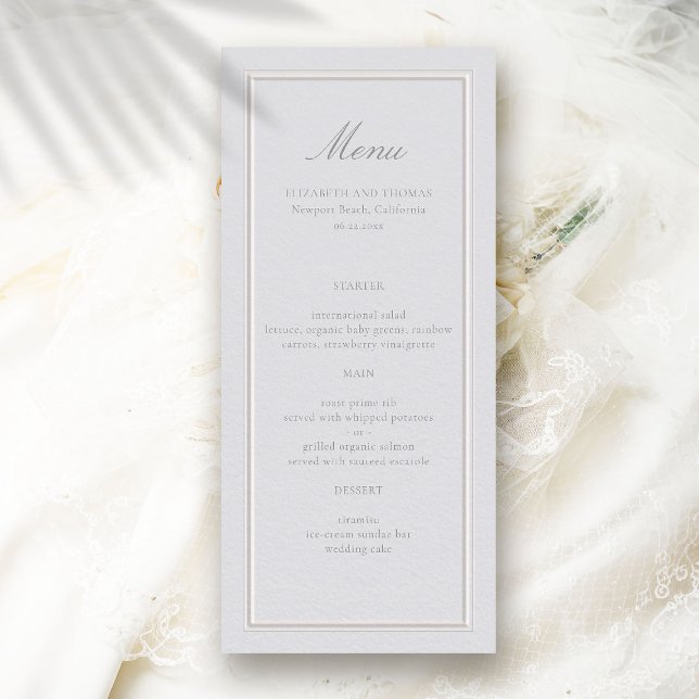Menú Boda de marco elegante y formal clásico (wedding menu card formal traditional modern classic faux embossed double frame ivory ecru estate)