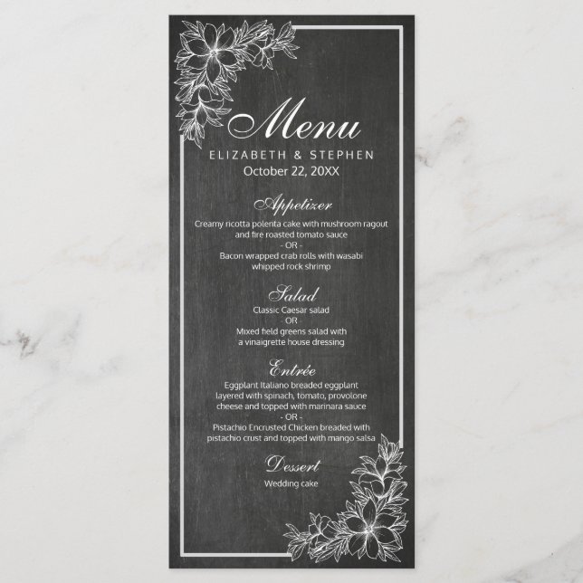 Menú Boda de marco floral de pizarra negra y blanc (Anverso)