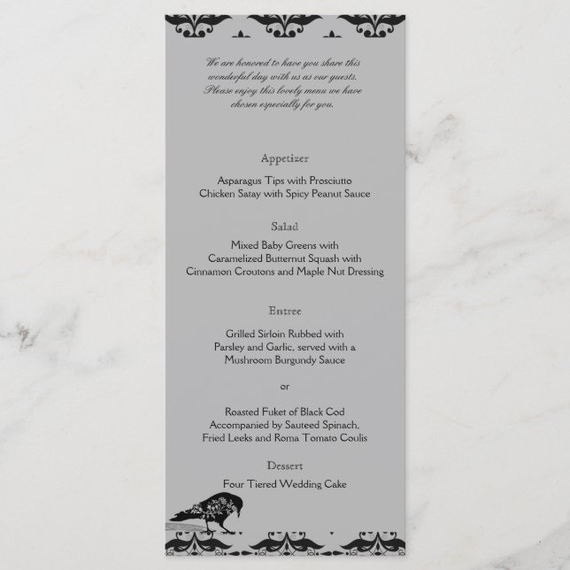 Menú Boda de marco gótico Raven negro (Anverso)