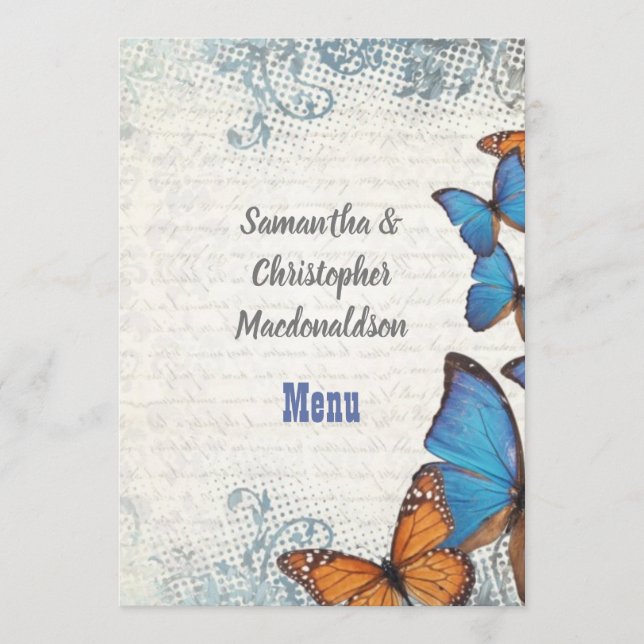 Menú boda de mariposa azul vintage (Anverso)