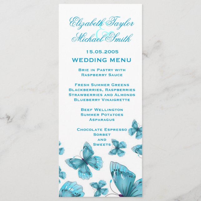Menú Boda de mariposa elegante azul de lujo (Anverso)
