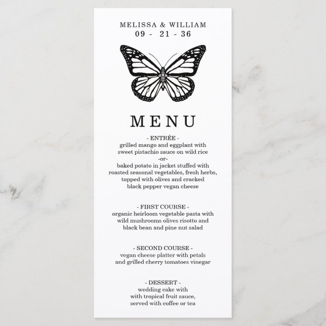 Menú Boda de mariposa negra y blanca (Anverso)