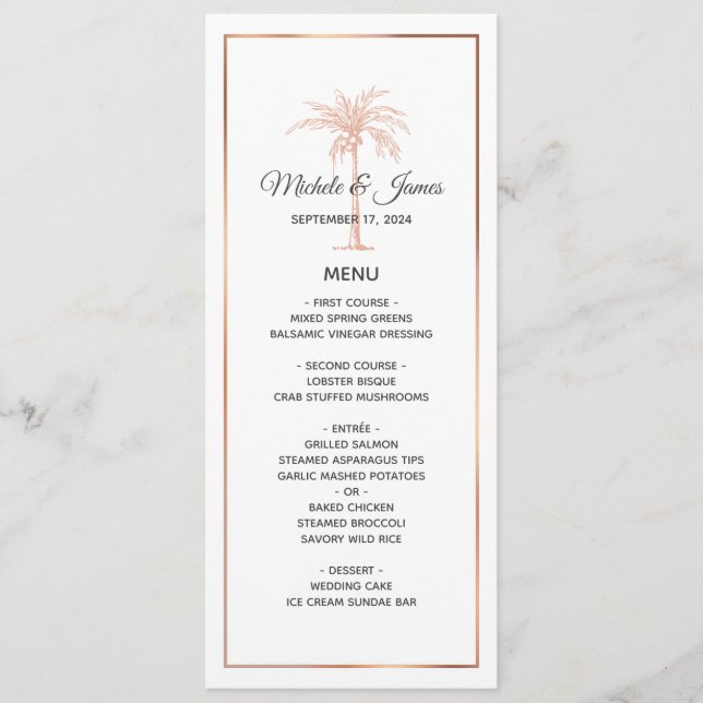 Menú Boda de Mármol Blanco Palma de Cobre Dorado Rosa (Anverso)