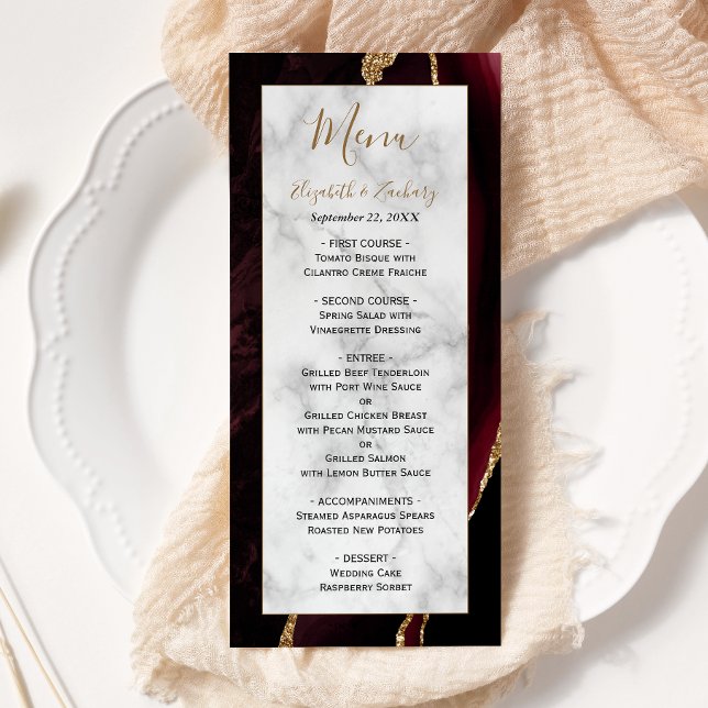 Menú Boda de mármol burgundy moderno y oro (Subido por el creador)