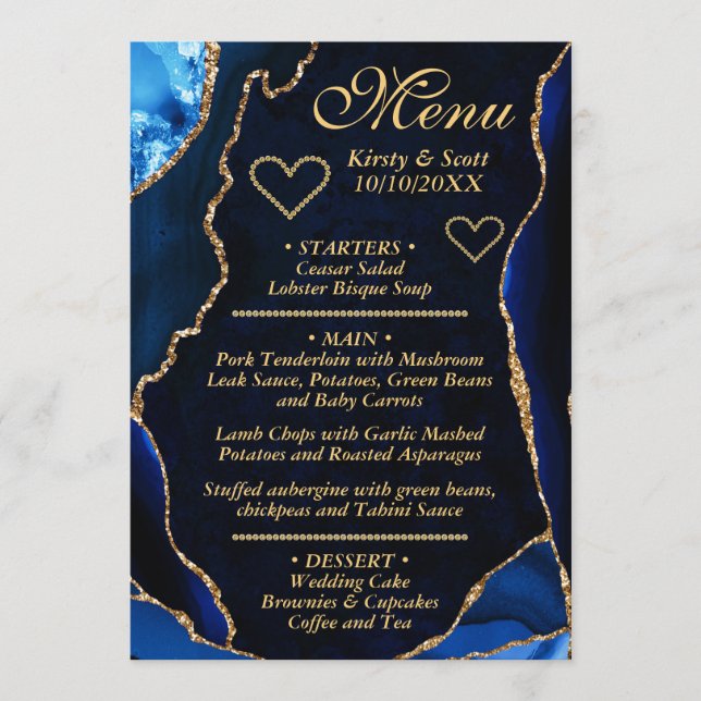 Menú Boda de mármol de ágata con brillo azul medio y do (Anverso)