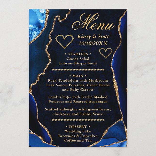 Menú Boda de mármol de ágata con brillo azul y dorado (Anverso)