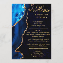 Menú Boda de mármol de ágata con brillo azul y dorado