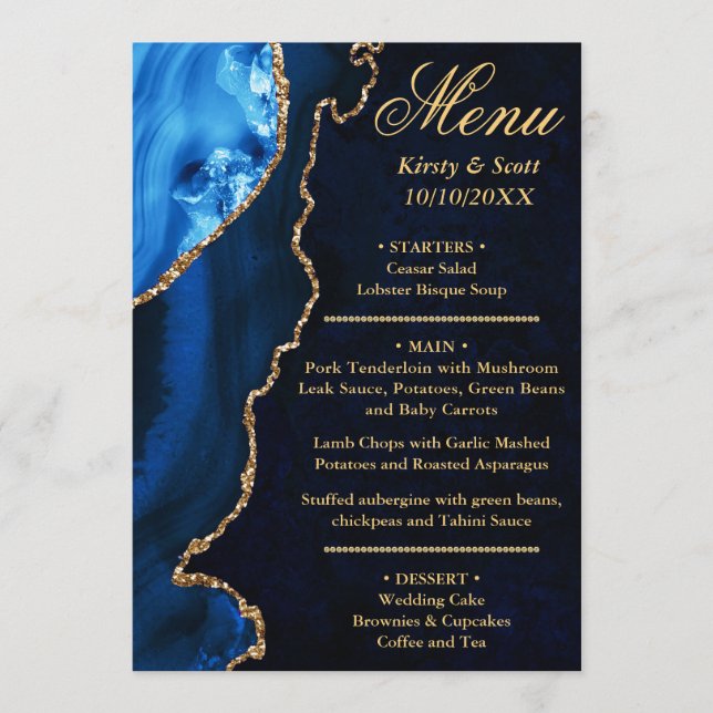 Menú Boda de mármol de ágata con brillo azul y dorado (Anverso)