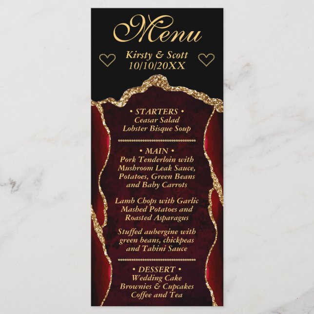 Menú Boda de Mármol de Ágata con Brillo Rojo y Dorado (Anverso)