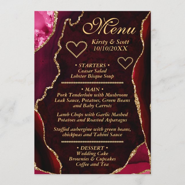 Menú Boda de Mármol de Ágata con Brillo Rojo y Dorado (Anverso)