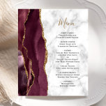 Menú Boda de Mármol de la Bolsa de Oro de Borgoña<br><div class="desc">En el extremo izquierdo de este elegante y moderno menú boda, se sirve una pasarela color rojo burdeos bordeada por un falso purpurina dorado. El texto del personalizable combina el guión de escritura a mano de color dorado con el tipo de letra de copperplate negro sobre un fondo de textura...</div>