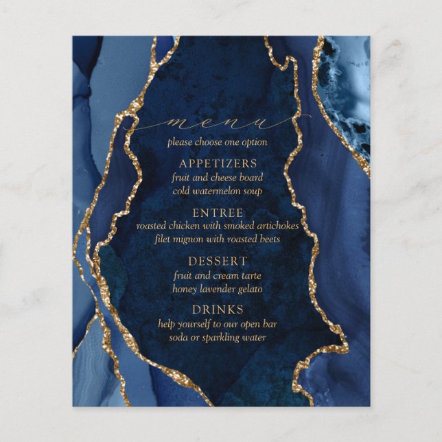 Menú Boda de mármol de la marina y de oro Agate (Anverso)