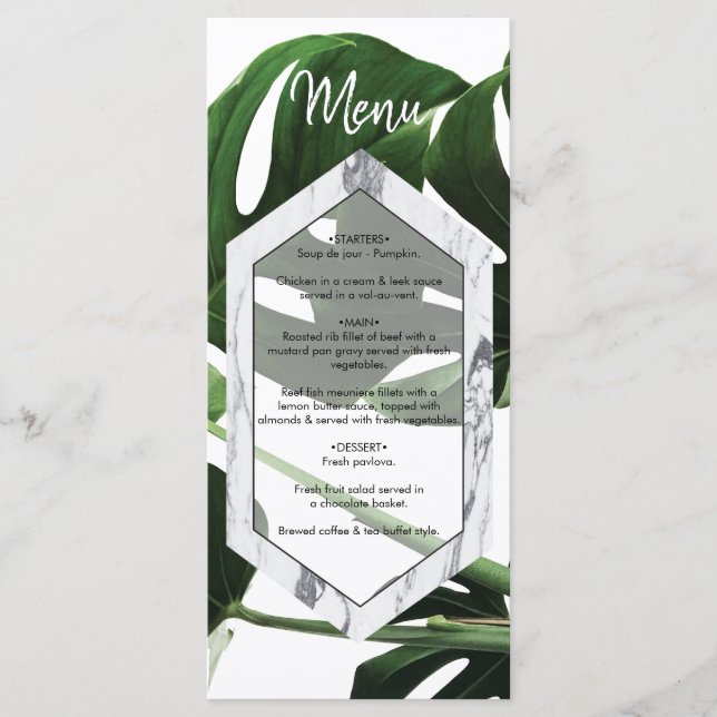 Menú Boda de Mármol de Monstera Tropical (Anverso)