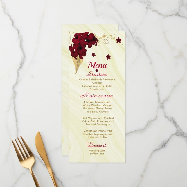Menú boda de mármol floral de oro burdeos (Anverso/Reverso In Situ)