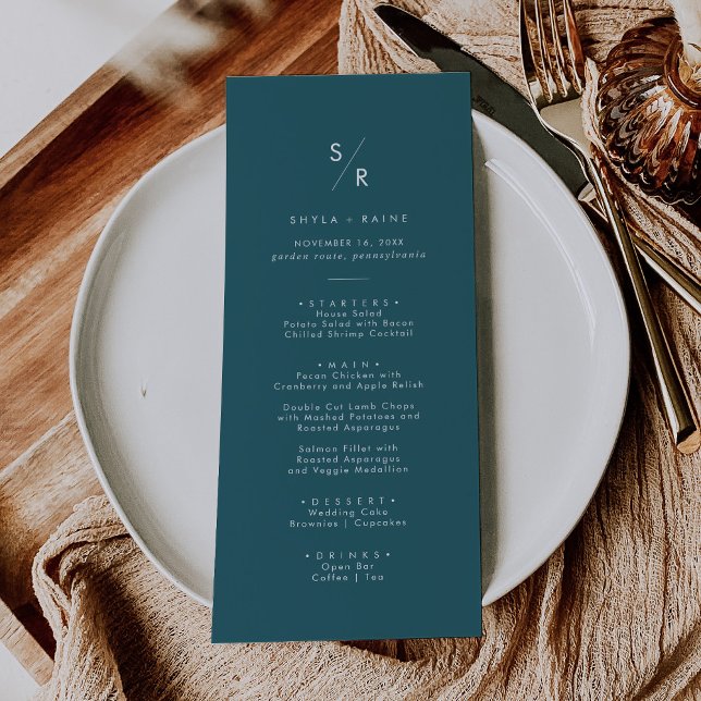 Menú Boda de Monograma Azul Verde azulado de Moda Boho (Subido por el creador)