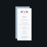 Menú Boda De Monograma Azul Y Blanco Rojo Patriótico<br><div class="desc">El menú es muy elegante para la recepción de bodas, pero todo el texto es personalizable a tus necesidades. Este diseño presenta un escudo monograma de una sola letra flanqueado a cada lado por una bandera estadounidense. Tenga en cuenta que puede cambiar el color de contraste de la llave griega...</div>