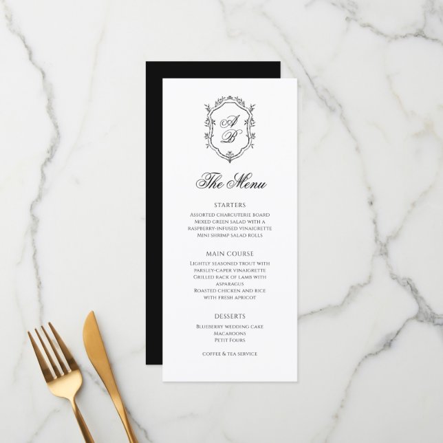 Menú Boda de Monograma Blanco y Negro con clase formal (Anverso/Reverso In Situ)