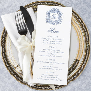 Menú Boda de Monograma con guión elegante azul