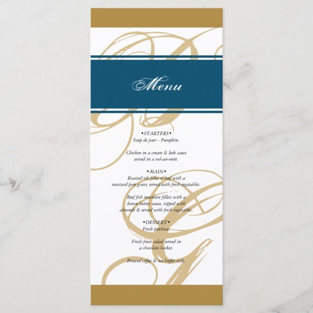 Menú Boda de Monograma con guión elegante azul dorado (Anverso)