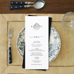Menú Boda de monograma de almejas minimalistas<br><div class="desc">Un minimalista diseño de boda de monograma de almejas tropicales. Un diseño sencillo que utiliza un boceto de una concha de almejas para crear un elegante monograma clásico. Un encantador diseño de playa tropical en blanco y negro con trazos rústicos y tipografía de escritura elegante. Elegante carta de boda con...</div>