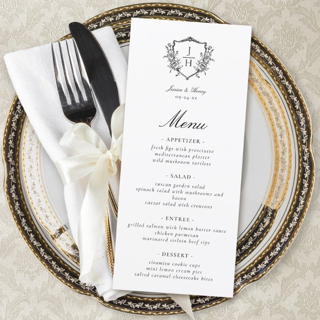 Menú Boda de Monograma de Cresta Floral Regencia Elegan (Subido por el creador)