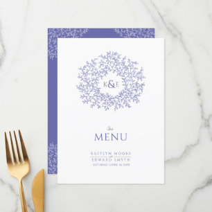 Menú boda de monograma de dibujo de hoja blanca azul