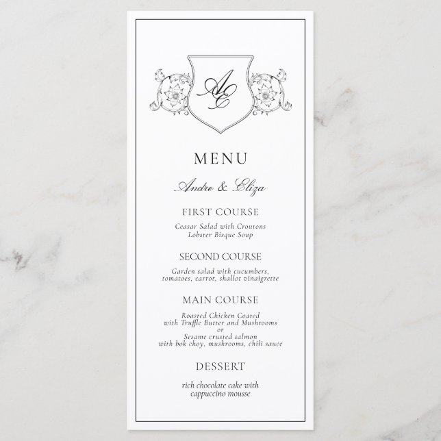 Menú Boda de monograma de Escudo blanco y negro (Anverso)