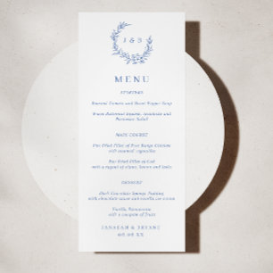 Menú Boda de monograma de flor azul