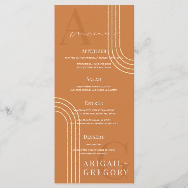 Menú Boda de Monograma de Líneas de Oro Geométricas (Anverso)