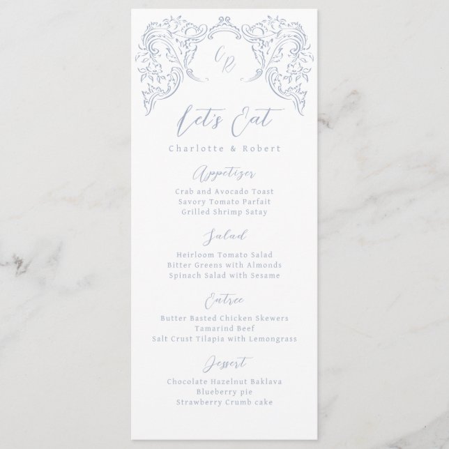 Menú Boda de Monograma Dusty Blue Vintage Flourish (Anverso)