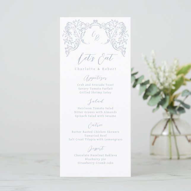 Menú Boda de Monograma Dusty Blue Vintage Flourish (Anverso de pie)