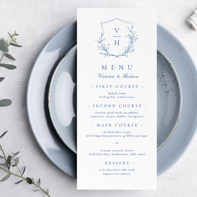 Menú Boda de monograma escudo botánico simple azul (Blue simple botanical crest monogram wedding Menu)