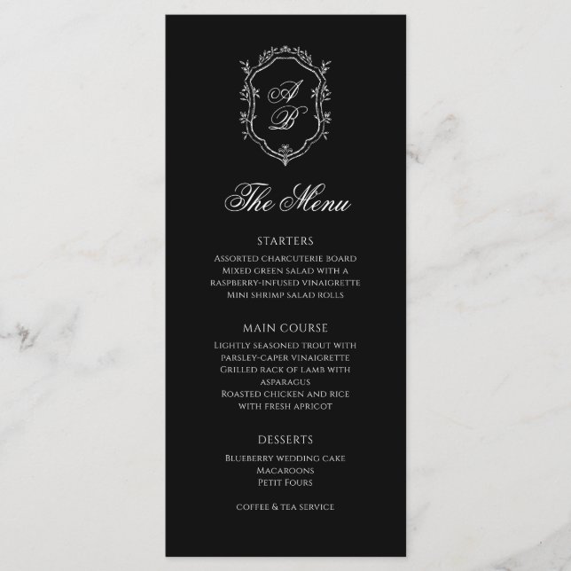 Menú Boda de Monograma Floral Blanco y Negro Formal Esc (Anverso)
