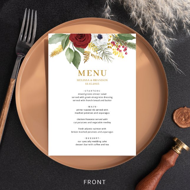 Menú Boda de monograma floral dorado rojo audaz (Subido por el creador)