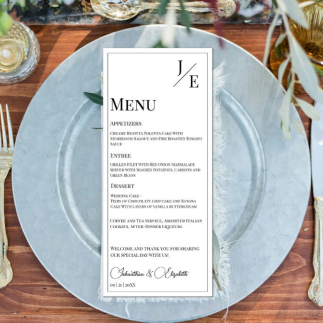 Menú Boda de monograma minimalista | Blanca (Minimalist Monogram Wedding Menu | White)