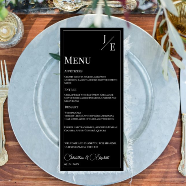 Menú Boda de monograma minimalista | Negro (Black Minimalist Monogram Wedding Menu)