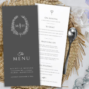 Menú Boda de monograma oval de hoja blanca gris