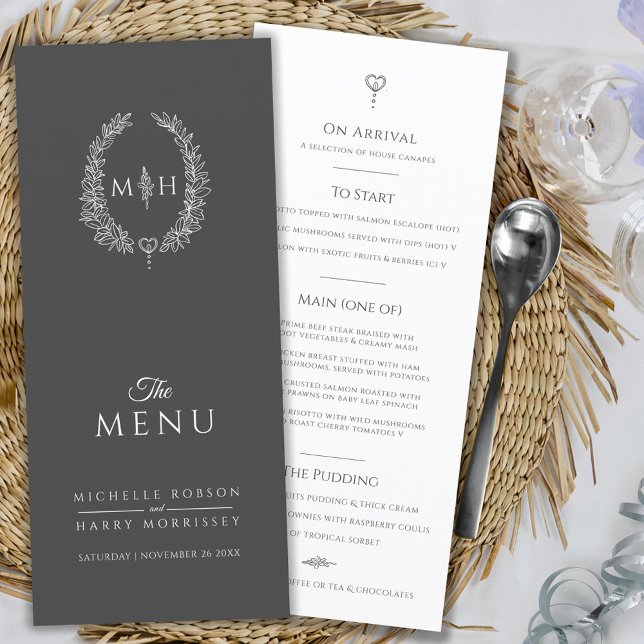 Menú Boda de monograma oval de hoja blanca gris (Subido por el creador)