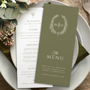 Menú Boda de monograma oval de hoja blanca y verde oliv