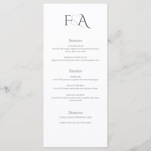 Menú Boda de Monograma y Ampersor Neutral Clásico Elega (Anverso)