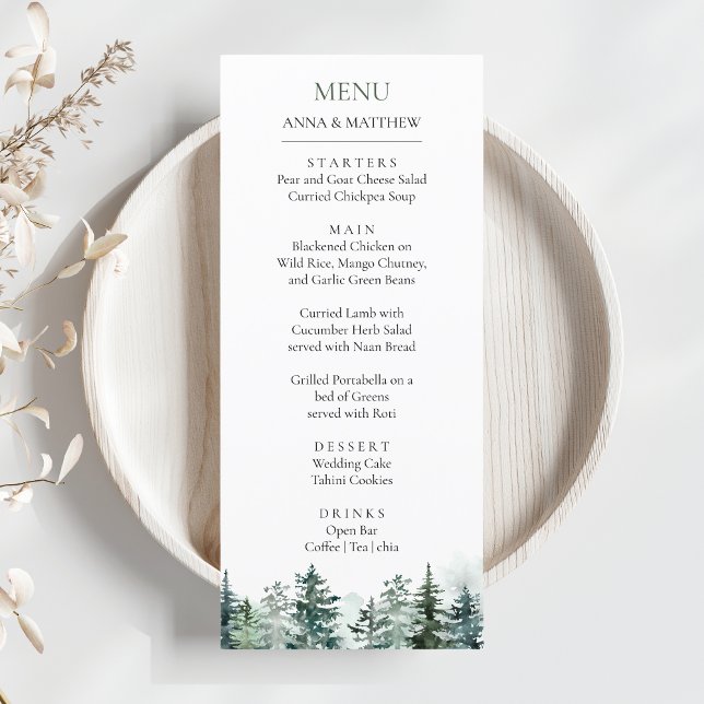 Menú Boda de Montañas Acuáticas del Bosque del Pino (Pine Tree Forest Mountains Rustic Wedding Menu)