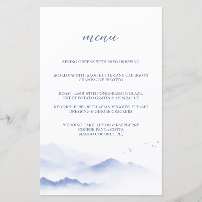Menú boda de montañas azules y pájaros (Anverso)