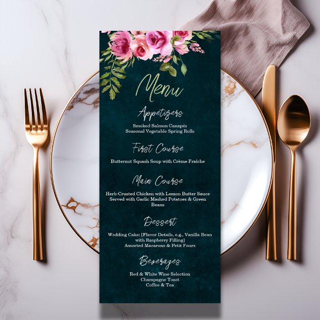 Menú Boda de Moody Dark Floral Verde Esmeralda (Subido por el creador)