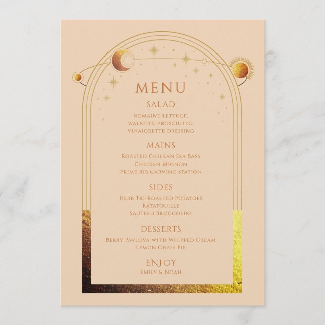Menú Boda de Mystical Champagne Gold Sun Moon Stars (Anverso)